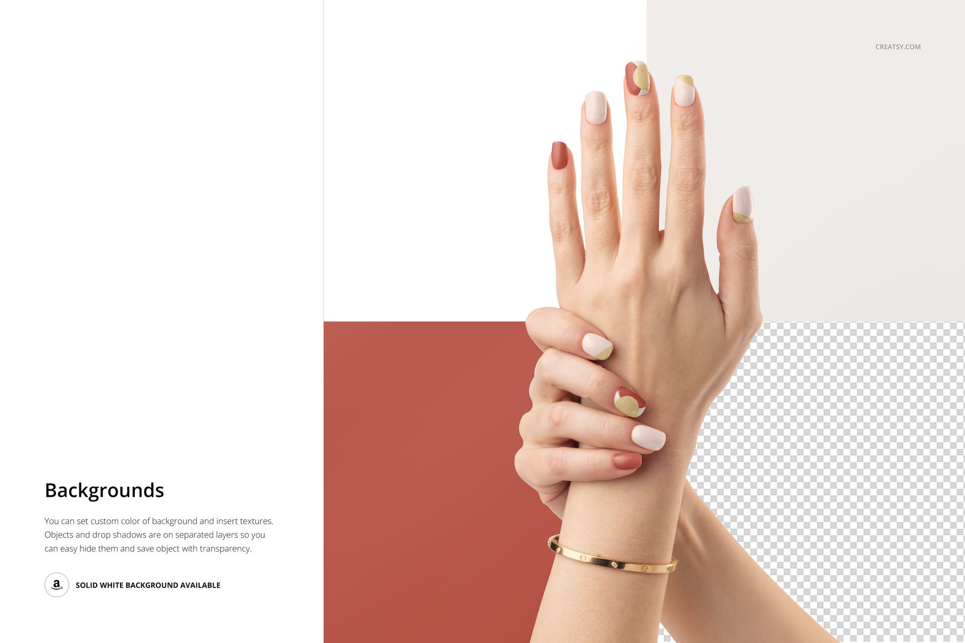 Front view of manicured hands with UV gel nail wraps, neutral shades and gold accents, presented as a PSD mockup.