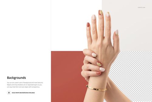 Front view of manicured hands with UV gel nail wraps, neutral shades and gold accents, presented as a PSD mockup.