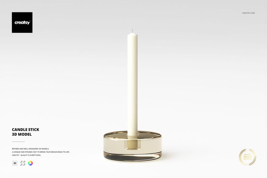 Front view of a tall, white candlestick standing in a round, reflective metallic holder on a plain light background.