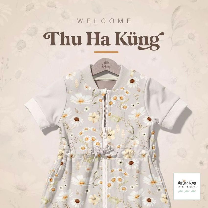 Baby dress mockup featuring a short-sleeve garment with a white and yellow floral pattern, displayed on a wooden hanger against a light beige background with subtle flower illustrations. Large text and a small logo are visible.