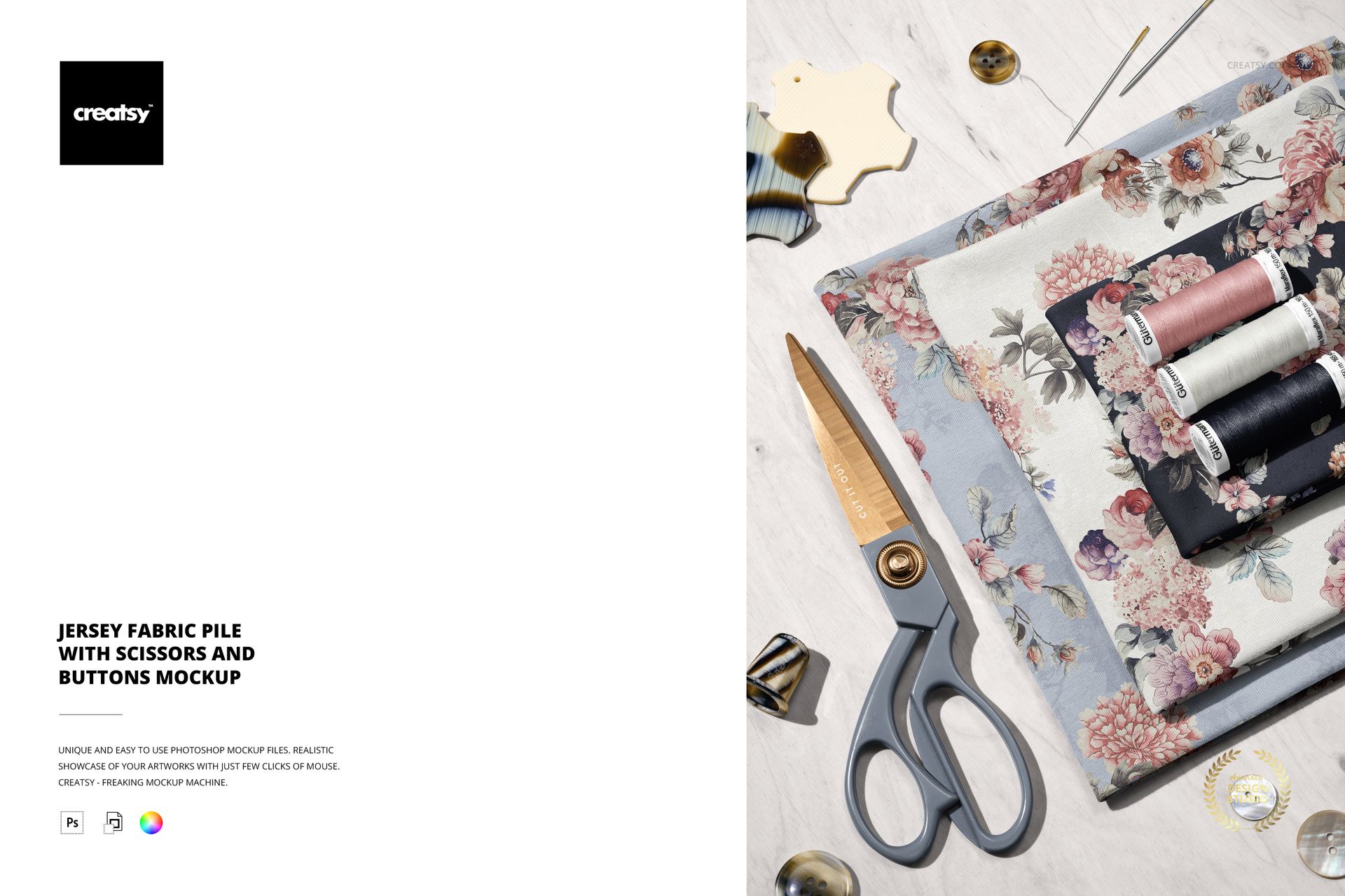 PSD mockup showing folded jersey fabric in floral designs, surrounded by scissors, buttons, and sewing threads from above.