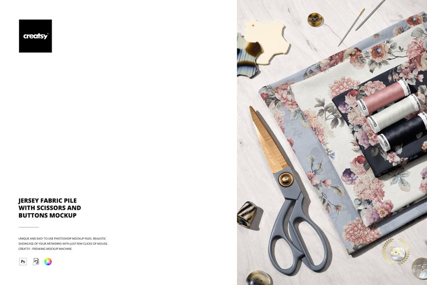 Jersey Fabric Pile with Scissors and Buttons Mockup - mockup screenshot 1