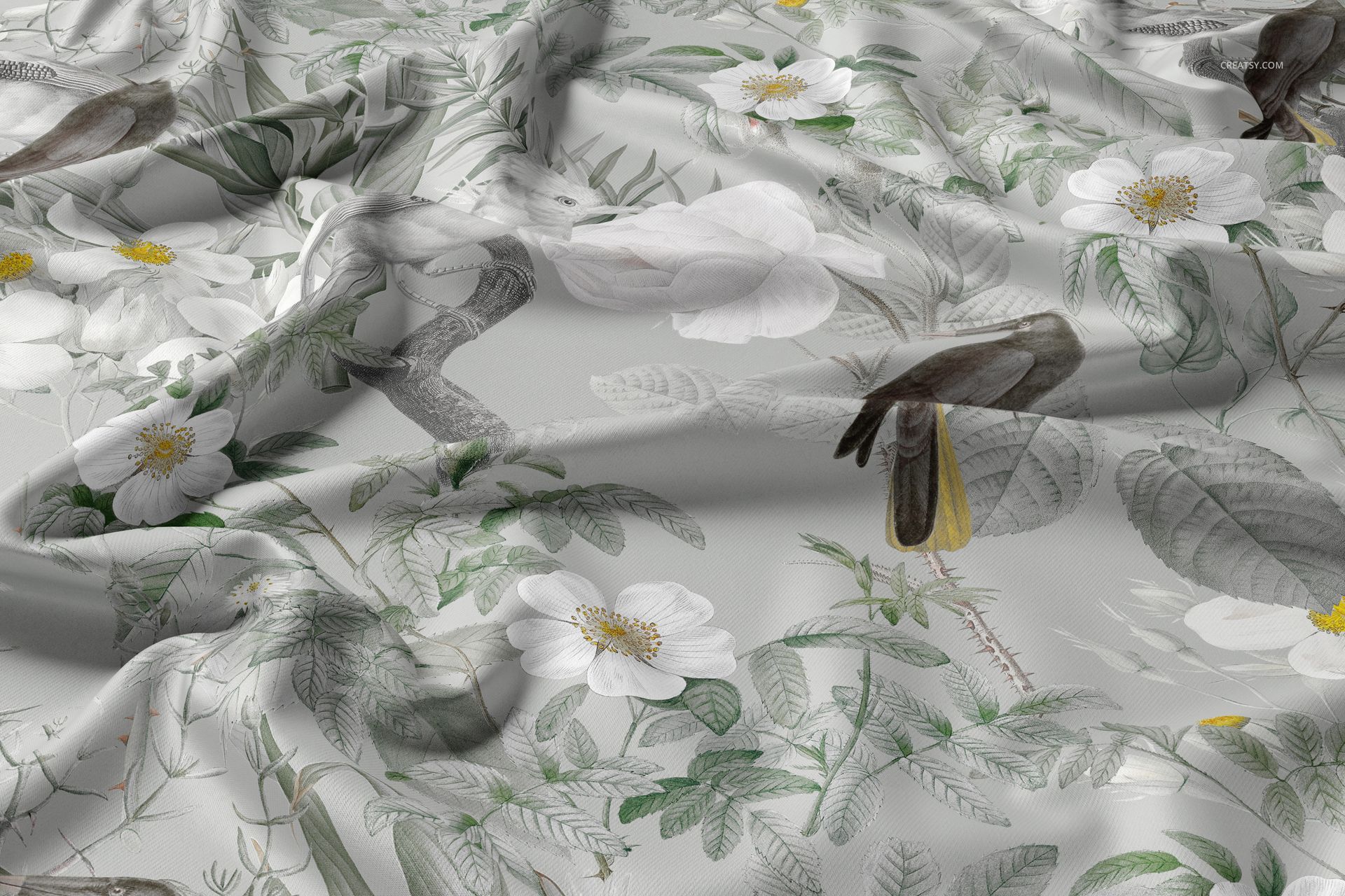 Polyester drapery fabric mockup featuring a botanical pattern with white flowers and green leaves, front view.