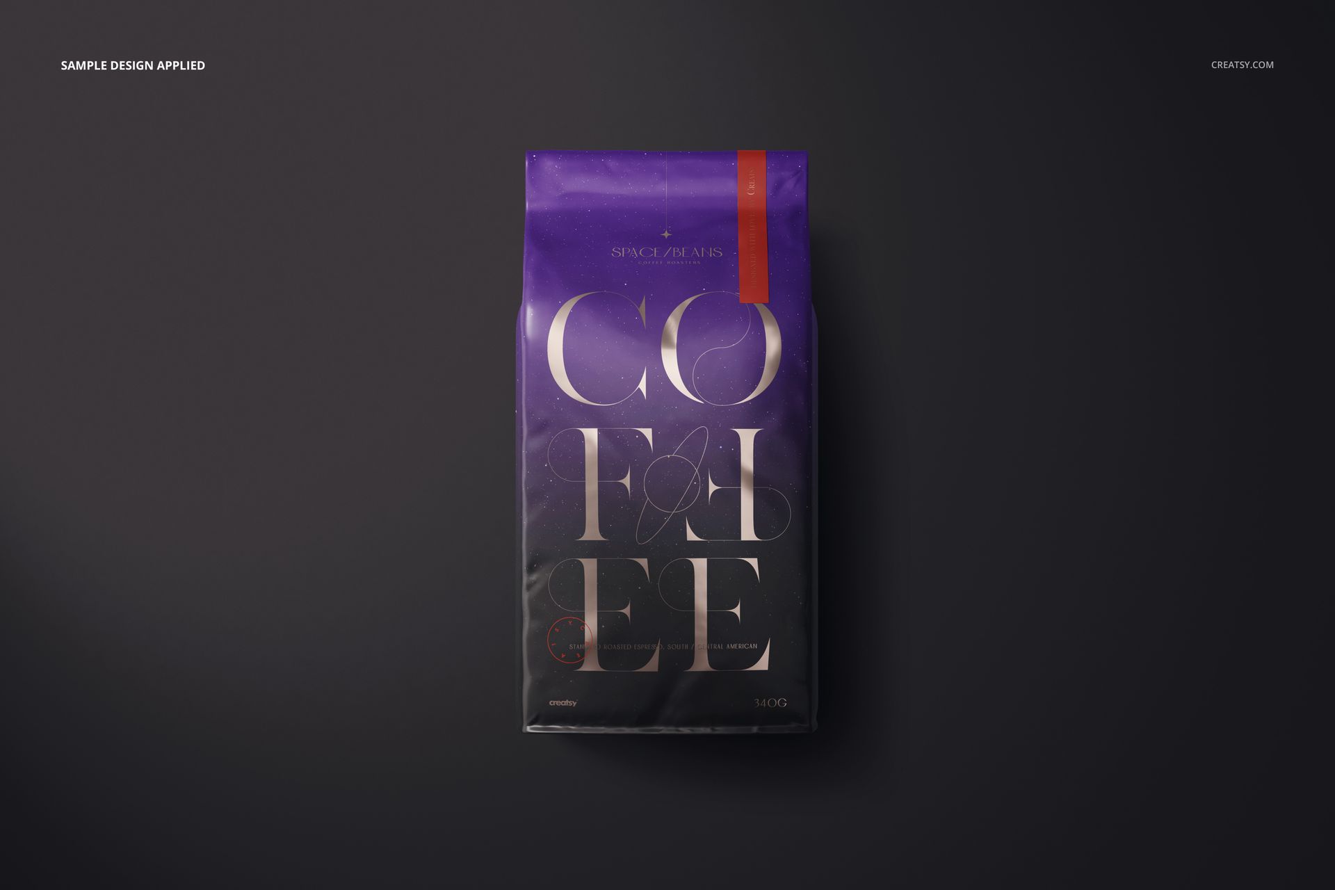 Front view of a glossy coffee bag mockup with a purple design, bold text, and a red accent on a dark surface.