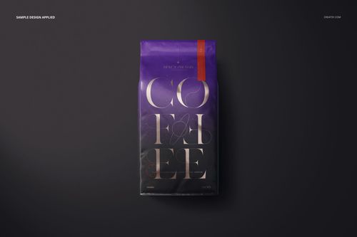Front view of a glossy coffee bag mockup with a purple design, bold text, and a red accent on a dark surface.