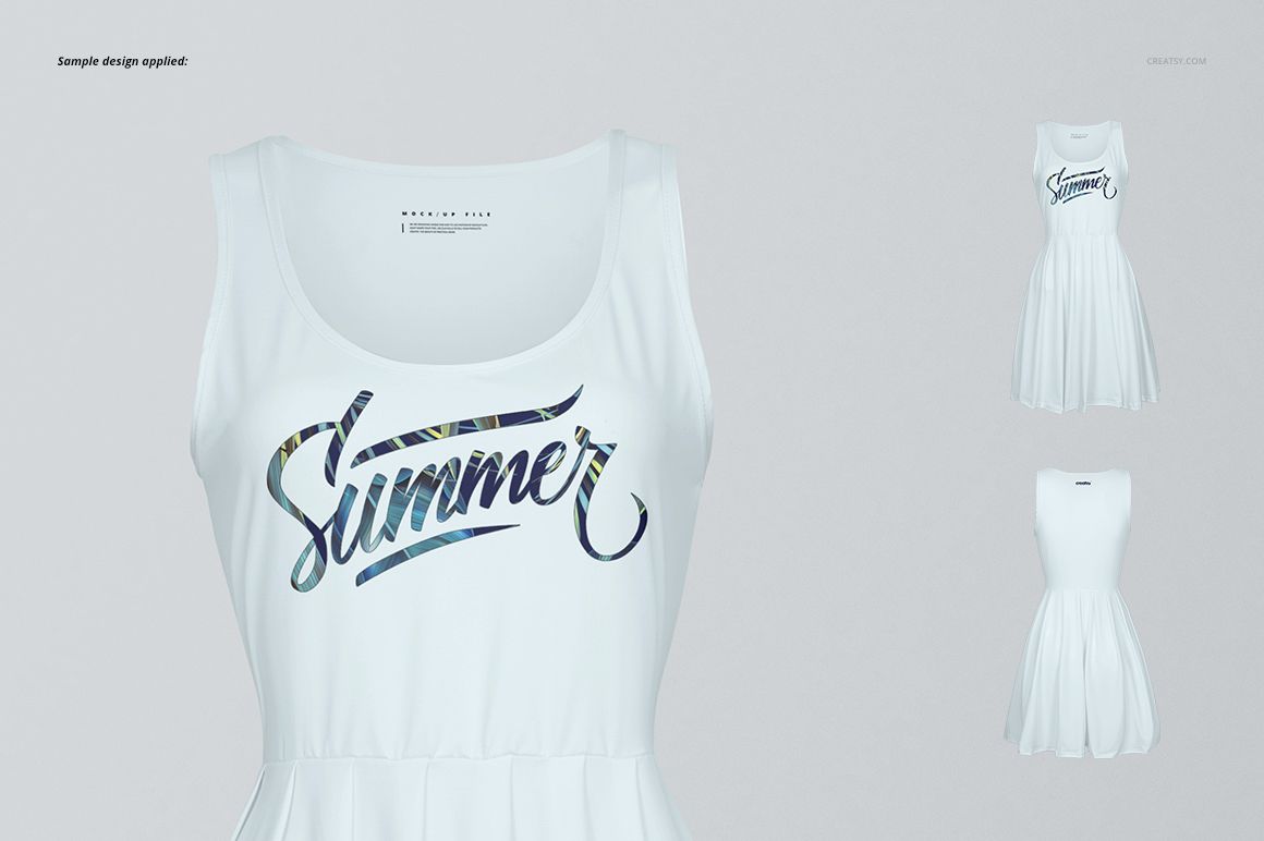 Front view of a sleeveless wavy blouse mockup with a white fabric and a large 'Summer' script design on the chest.