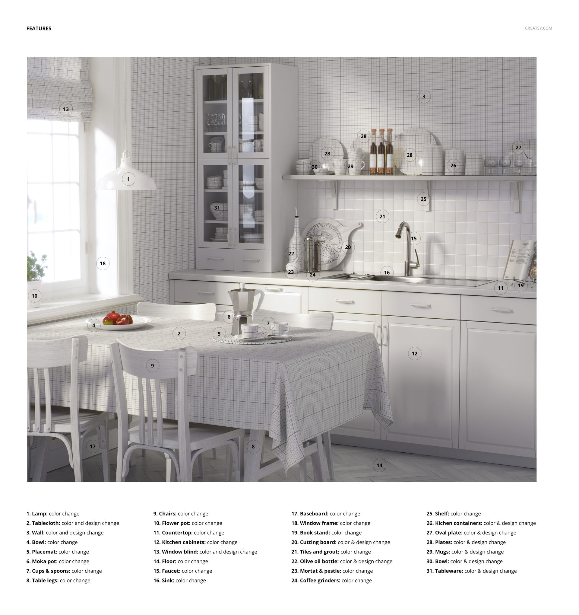 Traditional kitchen mockup with white cabinets, tiled backsplash, dining table and chairs, shown from a front angle.