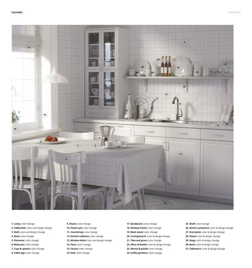 Traditional kitchen mockup with white cabinets, tiled backsplash, dining table and chairs, shown from a front angle.