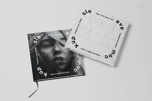 Hardcover book and matching sleeve mockup set displayed on a light surface, showing front and top views.