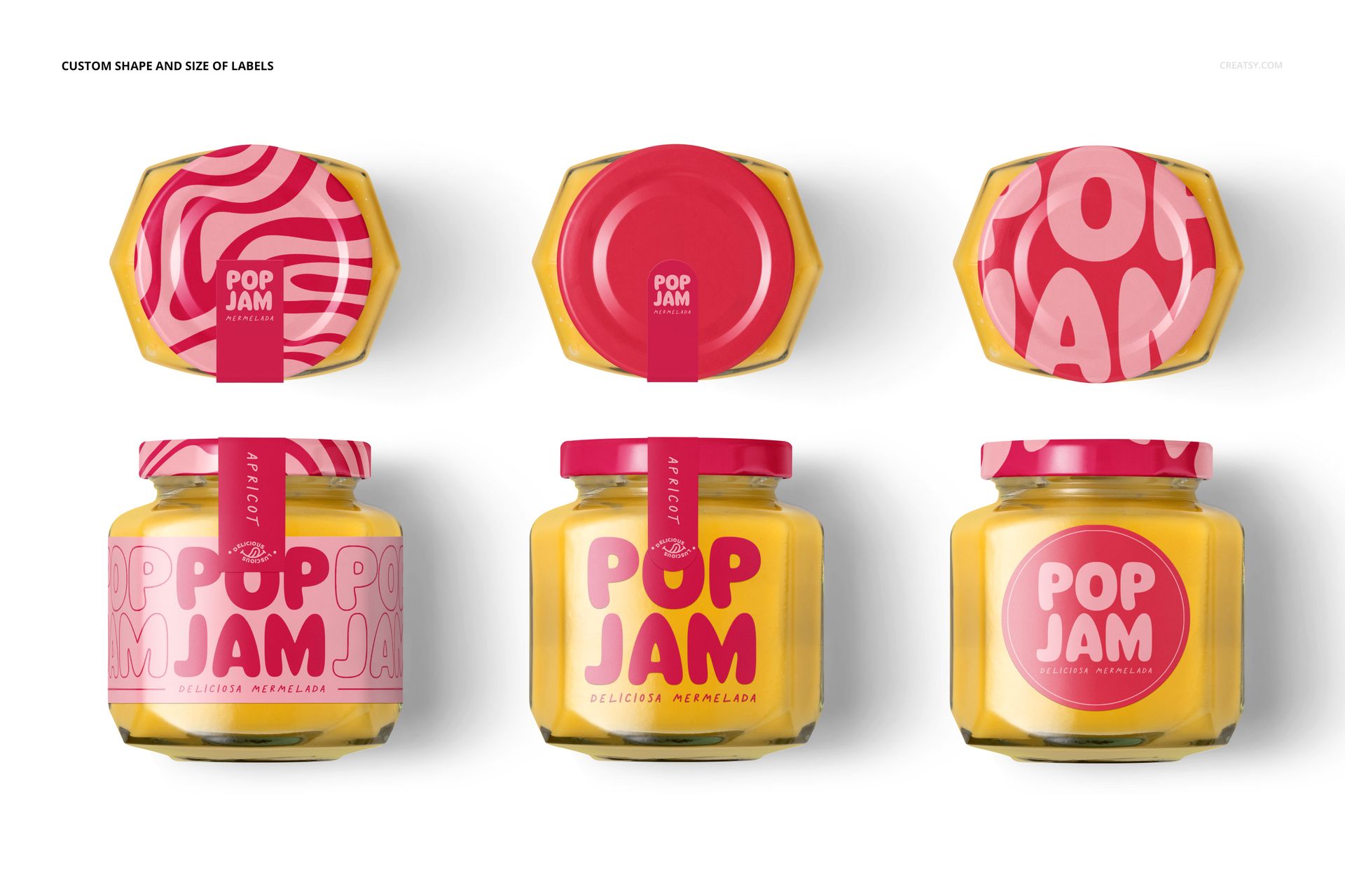 Front and top views of mango jam jars with bright yellow contents, pink lids, and bold graphic labels in a PSD mockup.