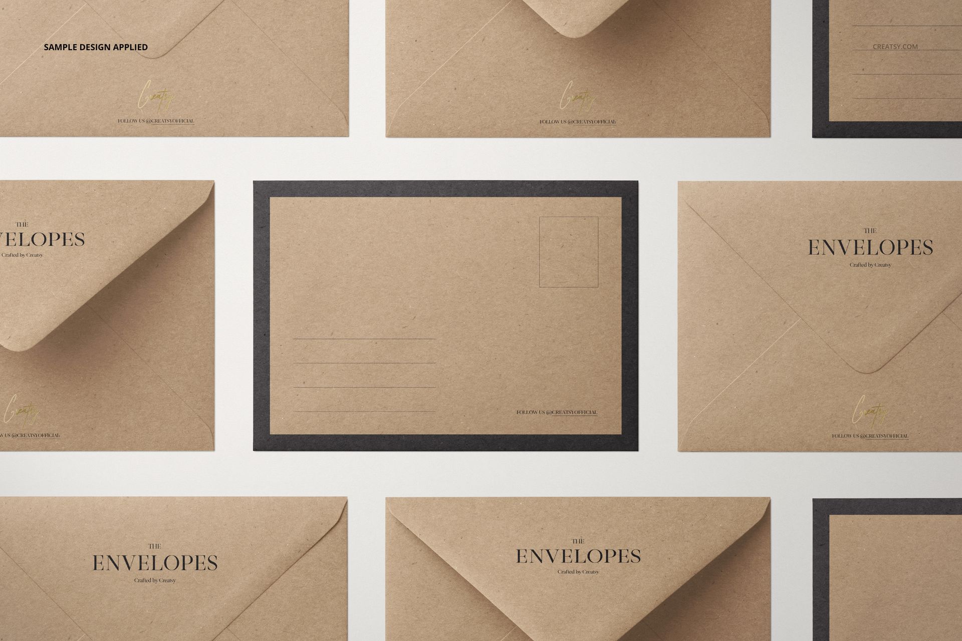 Kraft paper envelopes arranged in a grid pattern, featuring a mix of closed and open flaps, viewed from above.