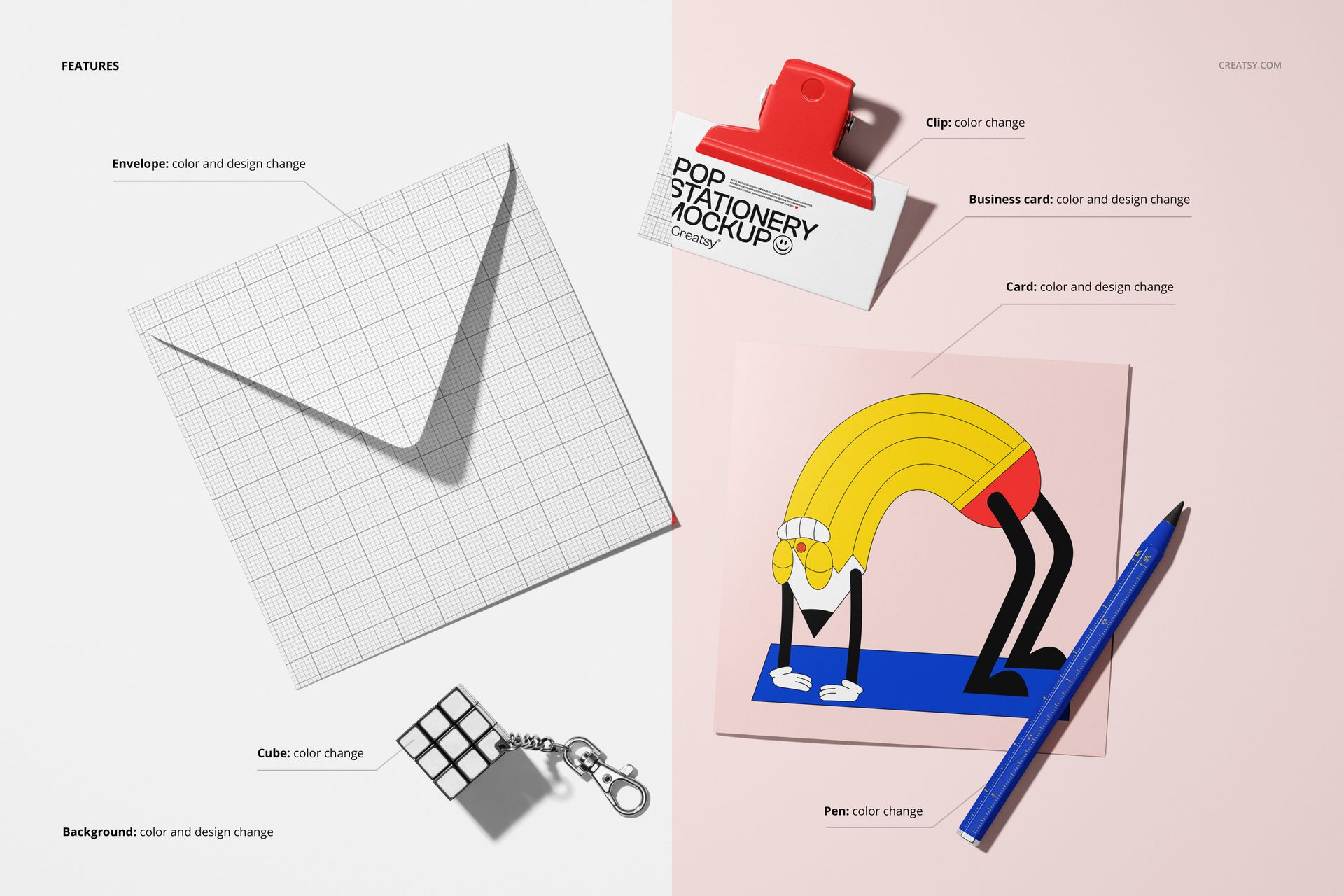 Square greeting card and business card mockup featuring a grid envelope, colorful card, pen, and cube keychain on split backgrounds.