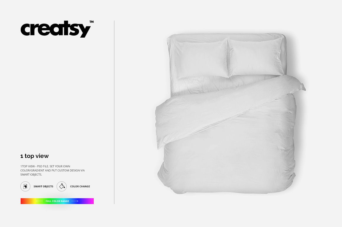 Double bed bedding mockup showing a white duvet and pillows from a top view on a plain white background.