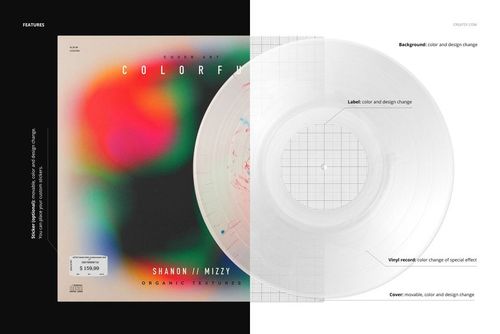 Front view of a vinyl record and cover mockup, featuring a colorful splatter effect design and labeled sections.