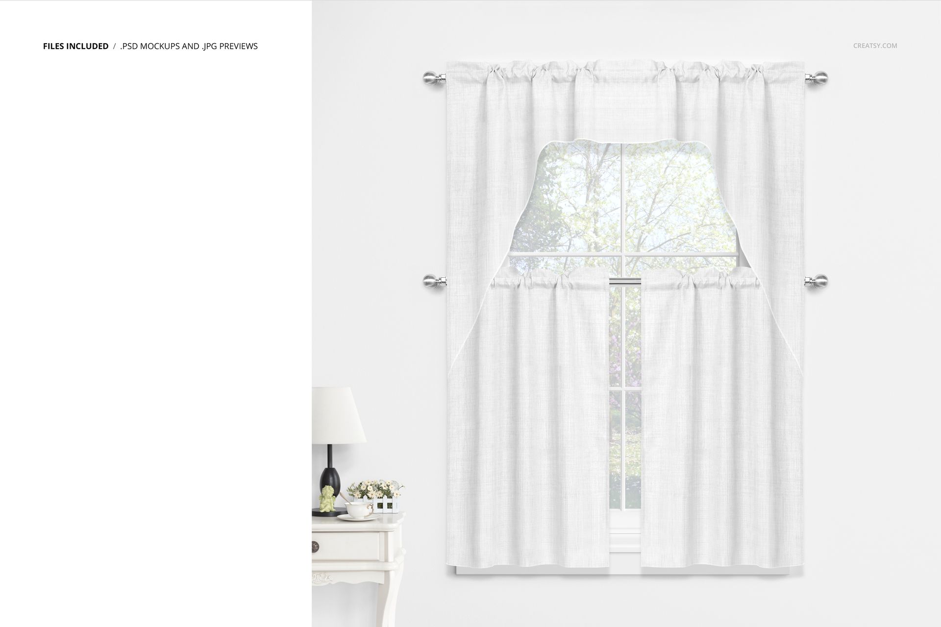 Front view of white cafe curtains and valance mockup on a window, with light filtering through and a simple interior scene.