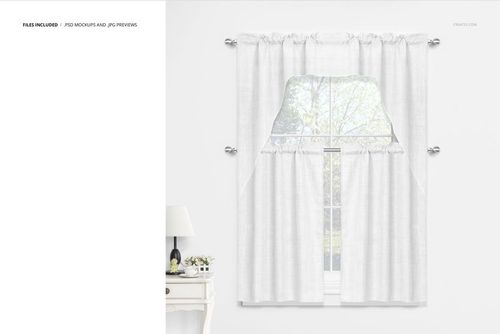 Front view of white cafe curtains and valance mockup on a window, with light filtering through and a simple interior scene.