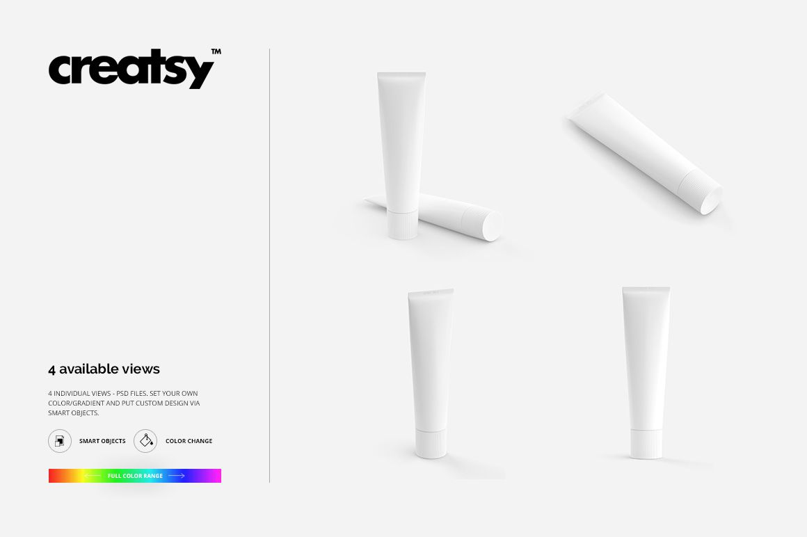 Toothpaste tube mockup set featuring four white tubes in different positions on a plain light background.