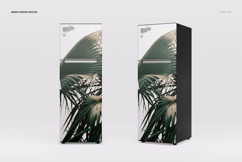 Fridge wrap PSD mockup showing a pair of refrigerators with botanical leaf artwork, viewed from the front.