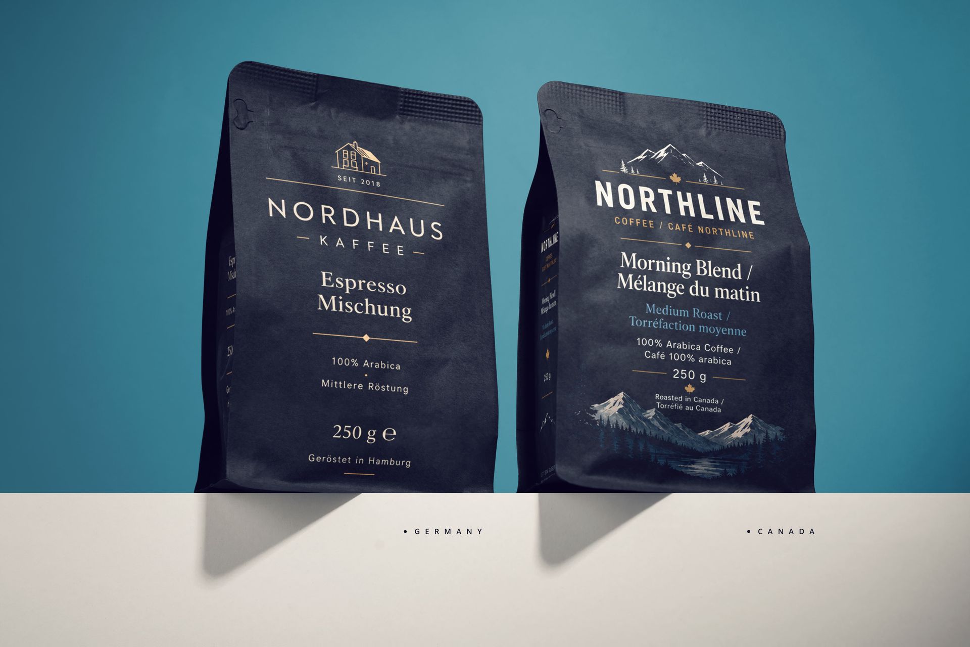 Coffee bag mockup comparing EU/Germany and Canada label versions with localized language, quantity, and side-panel information