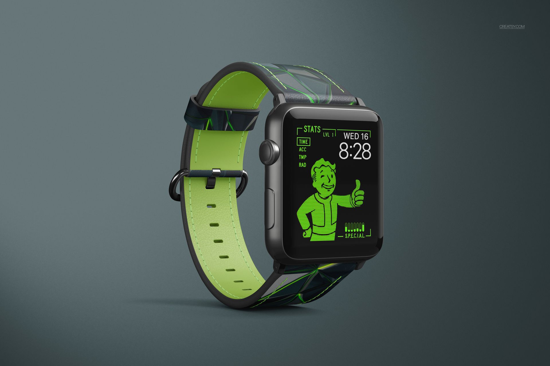 Apple Watch with a stitched leather band featuring green geometric patterns, shown in a front angled view mockup.
