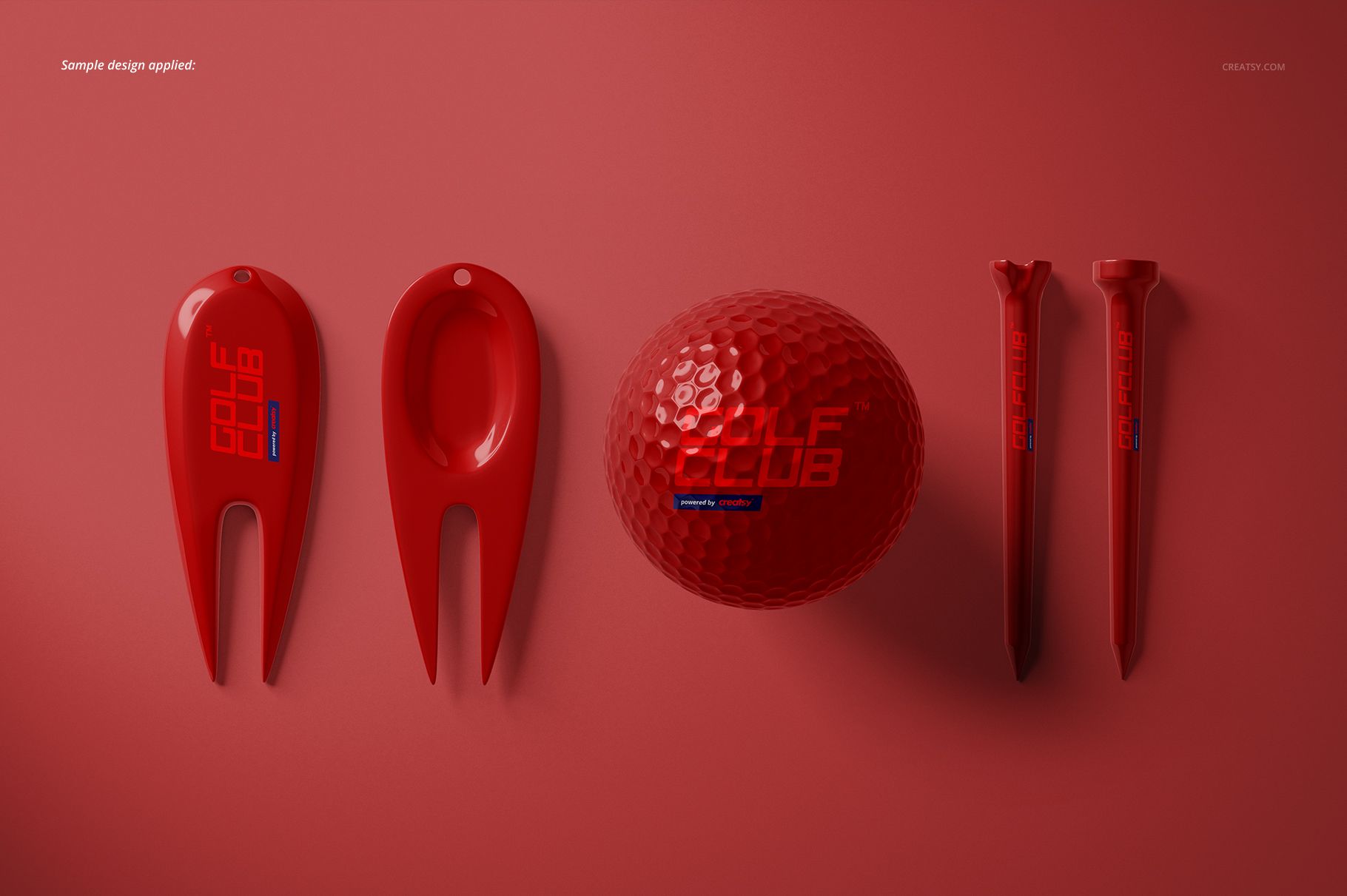 Sport equipment mockup featuring red golf ball and accessories neatly aligned on a monochromatic red backdrop.