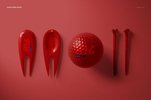 Sport equipment mockup featuring red golf ball and accessories neatly aligned on a monochromatic red backdrop.
