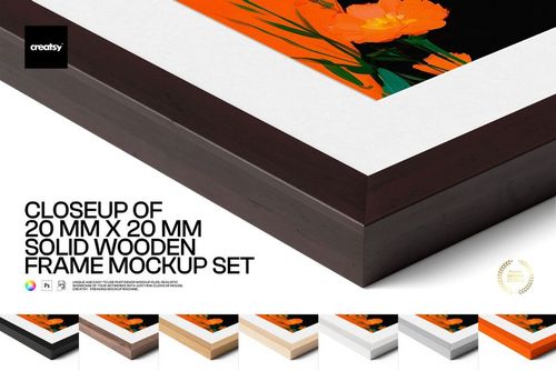 Close-up view of a solid wooden frame mockup featuring dark wood texture, white matte border, and vibrant floral artwork.