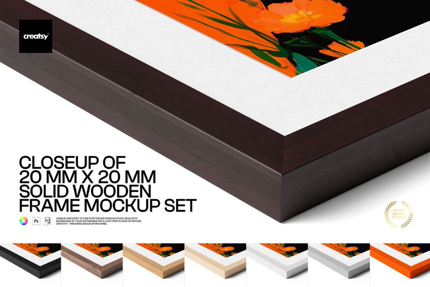 Close-up view of a solid wooden frame mockup featuring dark wood texture, white matte border, and vibrant floral artwork.