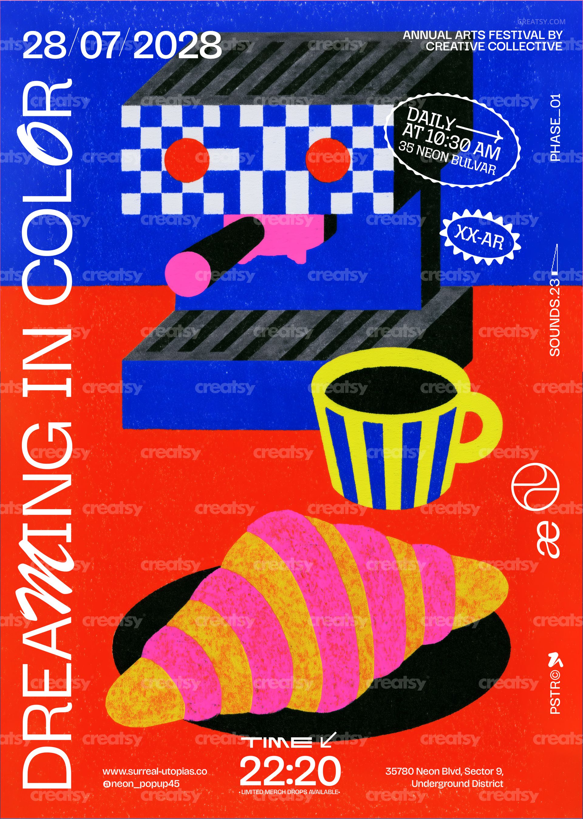 Front view of a colorful abstract art poster mockup with espresso cup, croissant, and vibrant graphic elements.