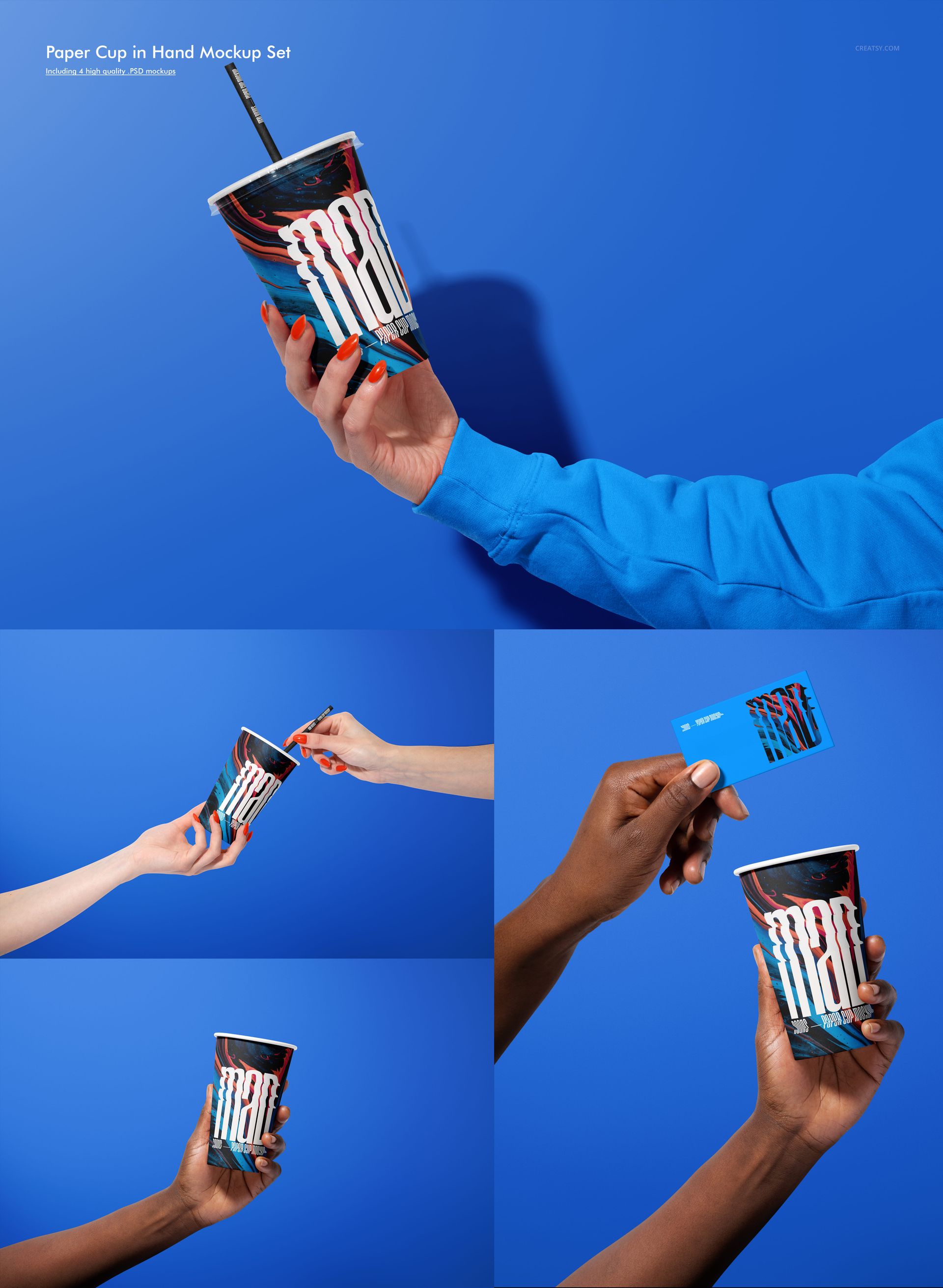 Paper cup mockup bundle featuring multiple hands holding cups with bold patterns on a vibrant blue backdrop.