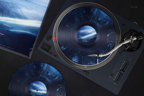 DJ edition PSD mockup showing a vinyl record with blue aquatic design on a turntable, plus a similar record sleeve.