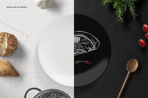 Plate mockup set featuring a split scene with a white plate on a grid surface and a black plate with fish art on a dark background.