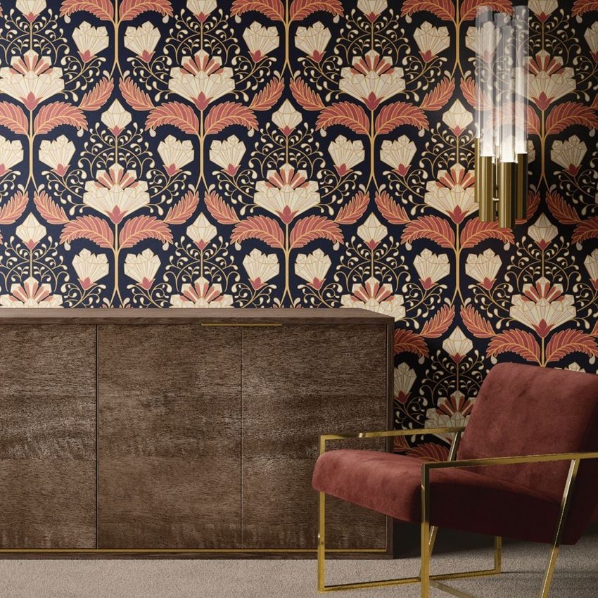 Armchair and sideboard mockup featuring a brown velvet chair with gold frame and a wooden sideboard against a floral patterned wallpaper.