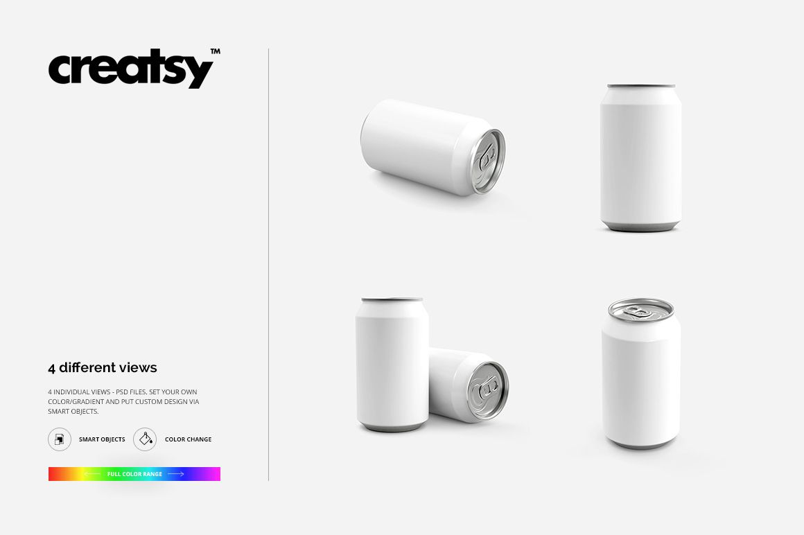 Set of four white aluminum cans displayed in different angles on a plain light background, showcasing mockup views.
