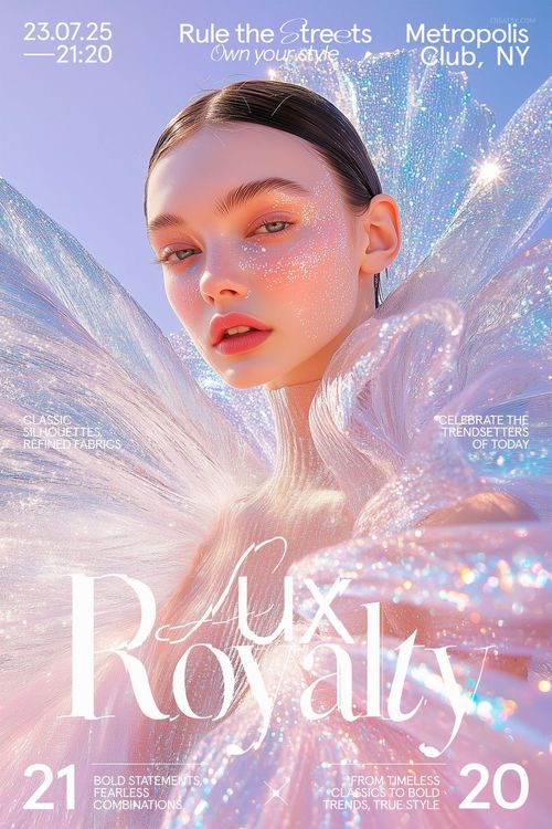 Front view of a poster mockup featuring a person in a shimmering, iridescent outfit with abstract light effects.