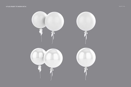 PSD mockup featuring four round white balloons grouped in twos, shown from the front on a solid gray surface.