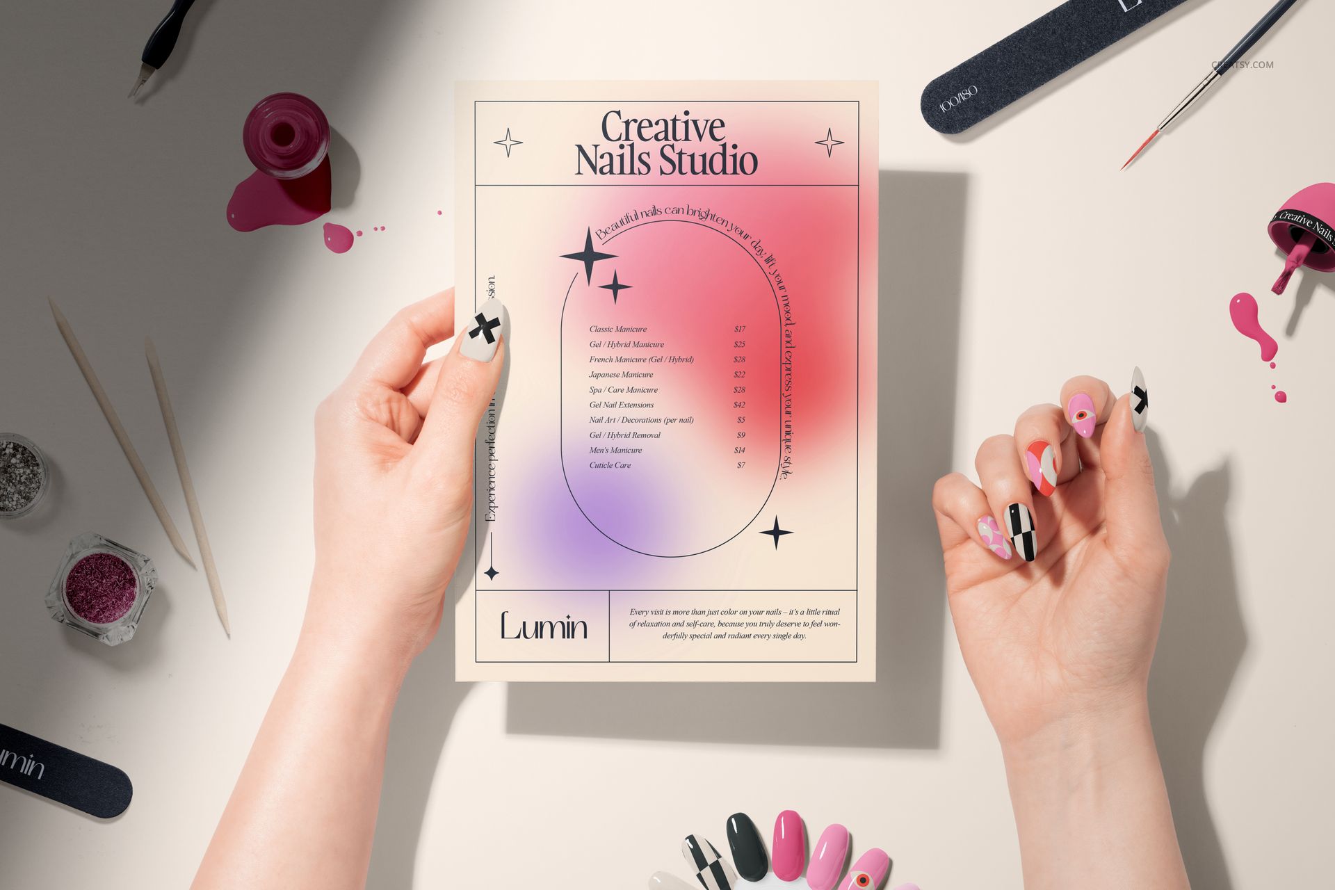 PSD mockup featuring hands with painted nails, nail studio flyer, nail polish, and assorted nail color samples on a table.