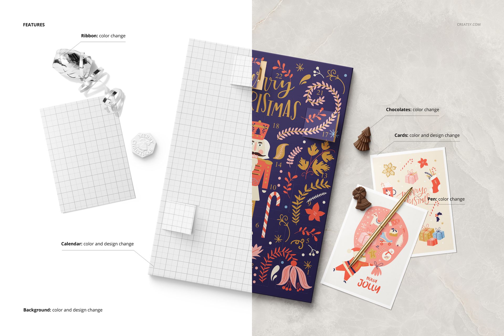 Christmas-themed paper advent calendar mockup set shown with chocolates, cards, and a ribbon on a light background.