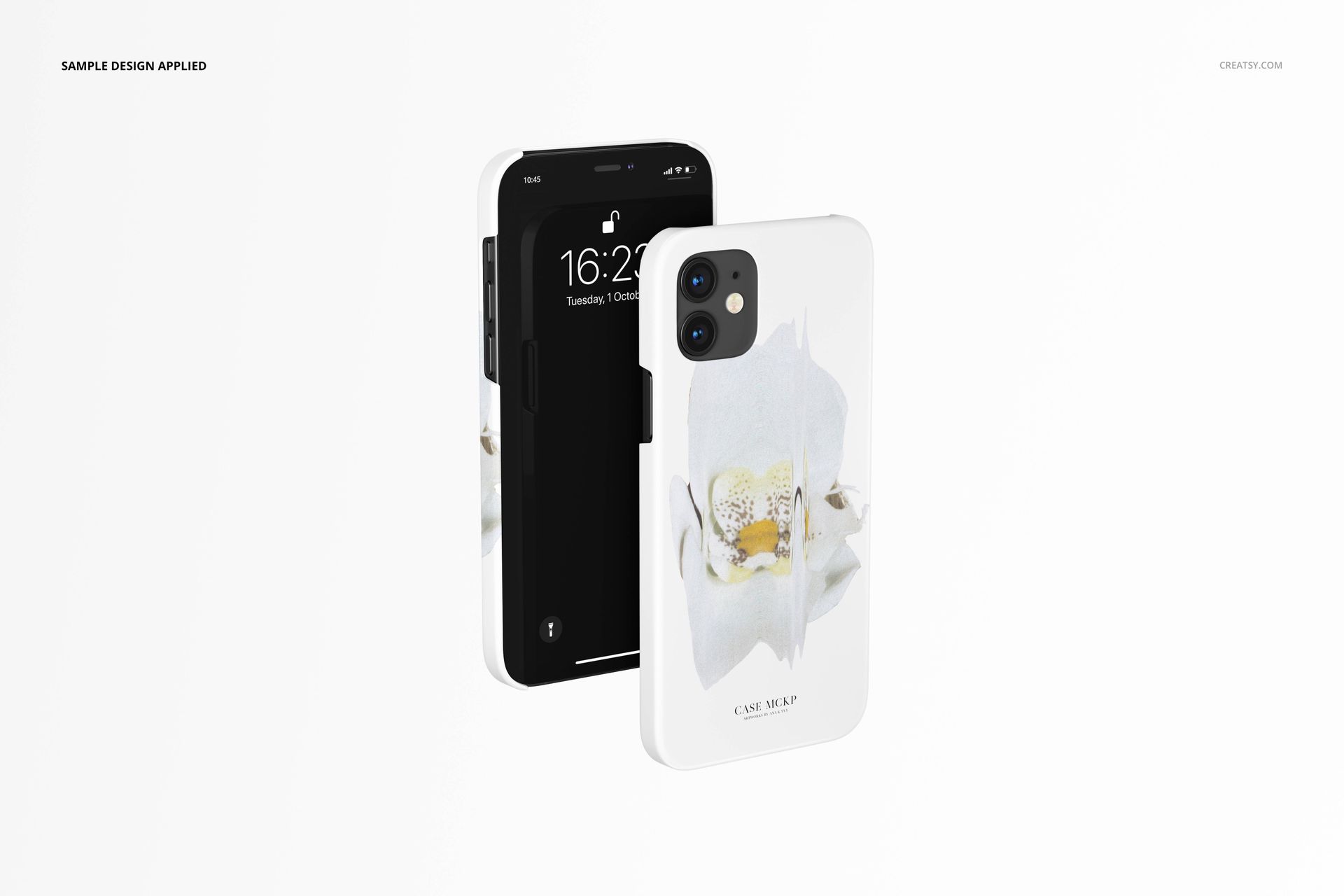 Front and angled view of an iPhone 12 matte snap case mockup featuring a white floral design on a light background.