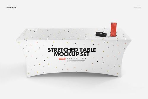 Stretched tablecloth PSD mockup featuring a white fabric with scattered triangles, shown with packaging items on top.