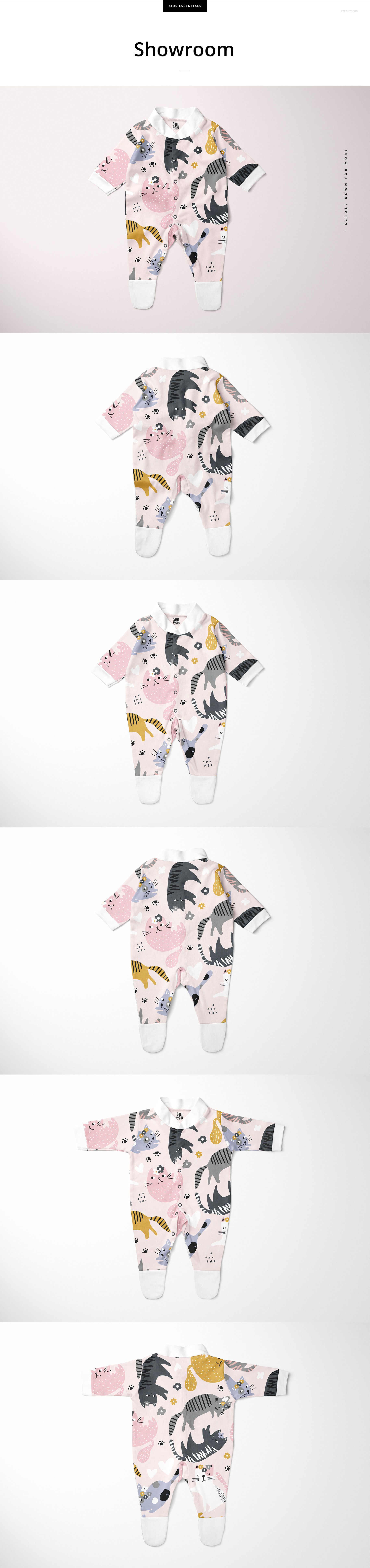 Front view of a babygrow sleepsuit mockup with long sleeves, featuring pastel animal patterns on a white background.