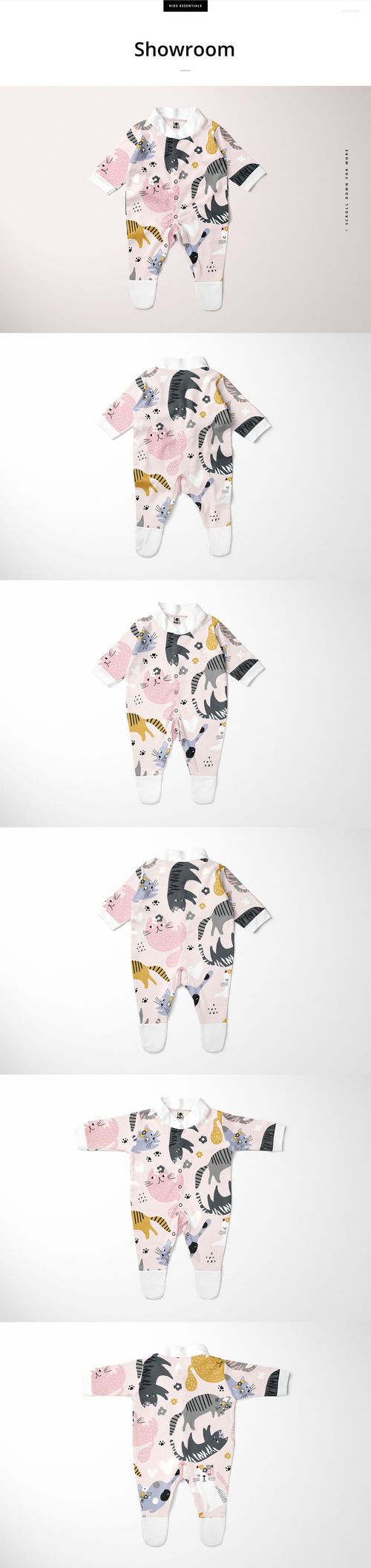 Front view of a babygrow sleepsuit mockup with long sleeves, featuring pastel animal patterns on a white background.