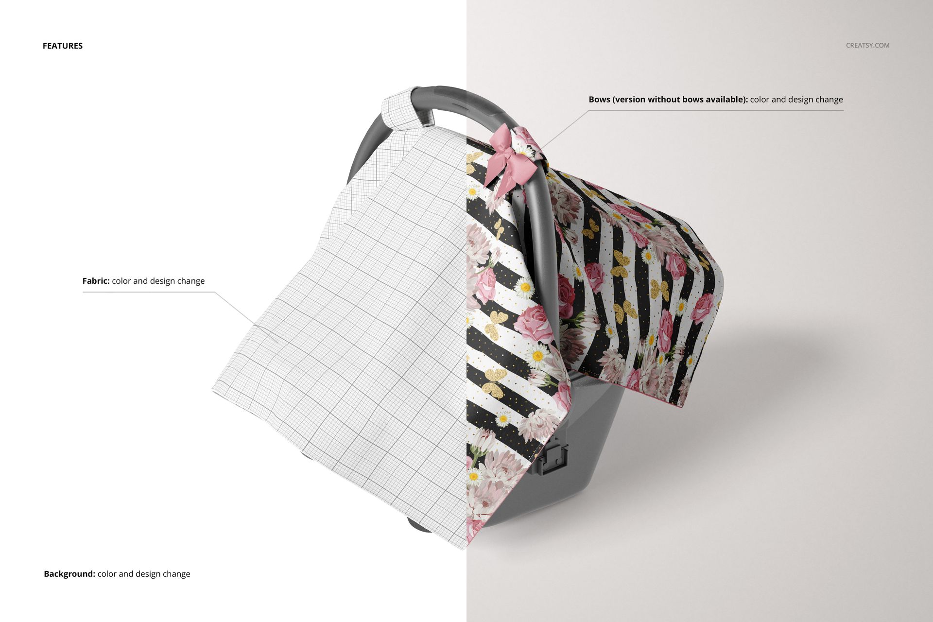 Mockup of a baby car seat canopy cover, half featuring editable grid pattern, half with colorful floral print, front perspective.