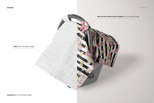 Mockup of a baby car seat canopy cover, half featuring editable grid pattern, half with colorful floral print, front perspective.