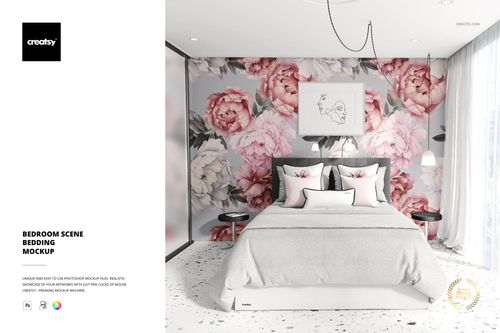 Bedroom PSD mockup with neatly arranged bedding, soft gray tones, floral wallpaper, and minimalist furniture.