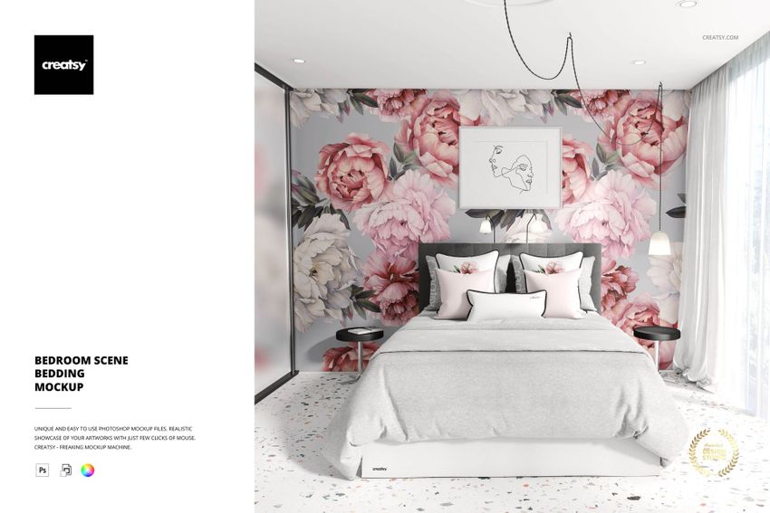 Bedroom PSD mockup with neatly arranged bedding, soft gray tones, floral wallpaper, and minimalist furniture.