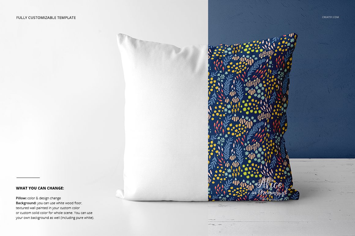 Throw pillow mockup featuring a front view of a square pillow with one half plain white and the other half with a colorful floral pattern.