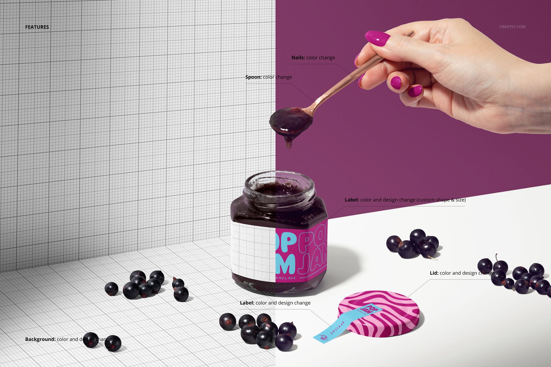 Blackcurrant jam jar PSD mockup featuring a vibrant label, loose berries, and a hand holding a spoon with jam.