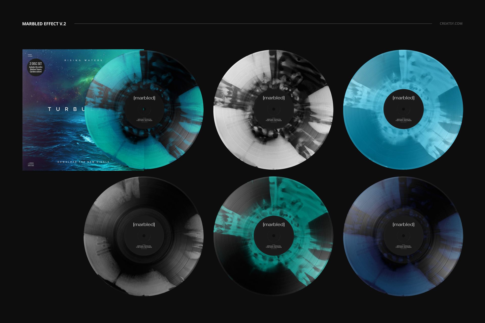 Six marbled vinyl records displayed in a grid, featuring blue, black, and white patterns, with a cover mockup.