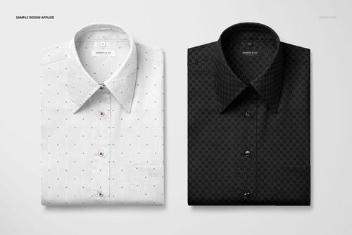 PSD mockup displaying two adult dress shirts folded side by side, highlighting different patterns and neutral backgrounds.